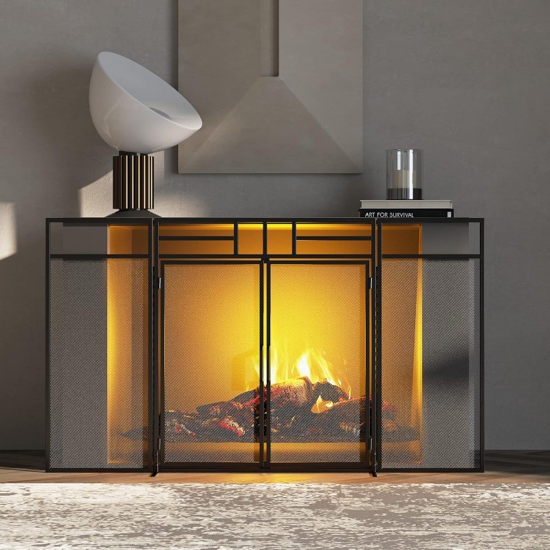 Panel Folding Fireplace Screen with Magnetic Hinged Doors, Solid Wrought Iron