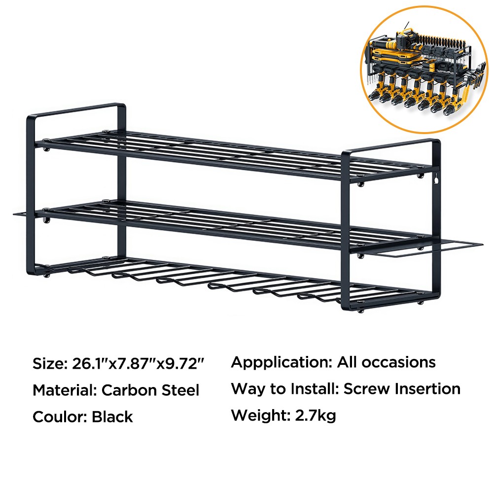 3 Layers Wall-Mounted Power Tool Organizer Storage Rack w/ 7 Drill Holders Shelf