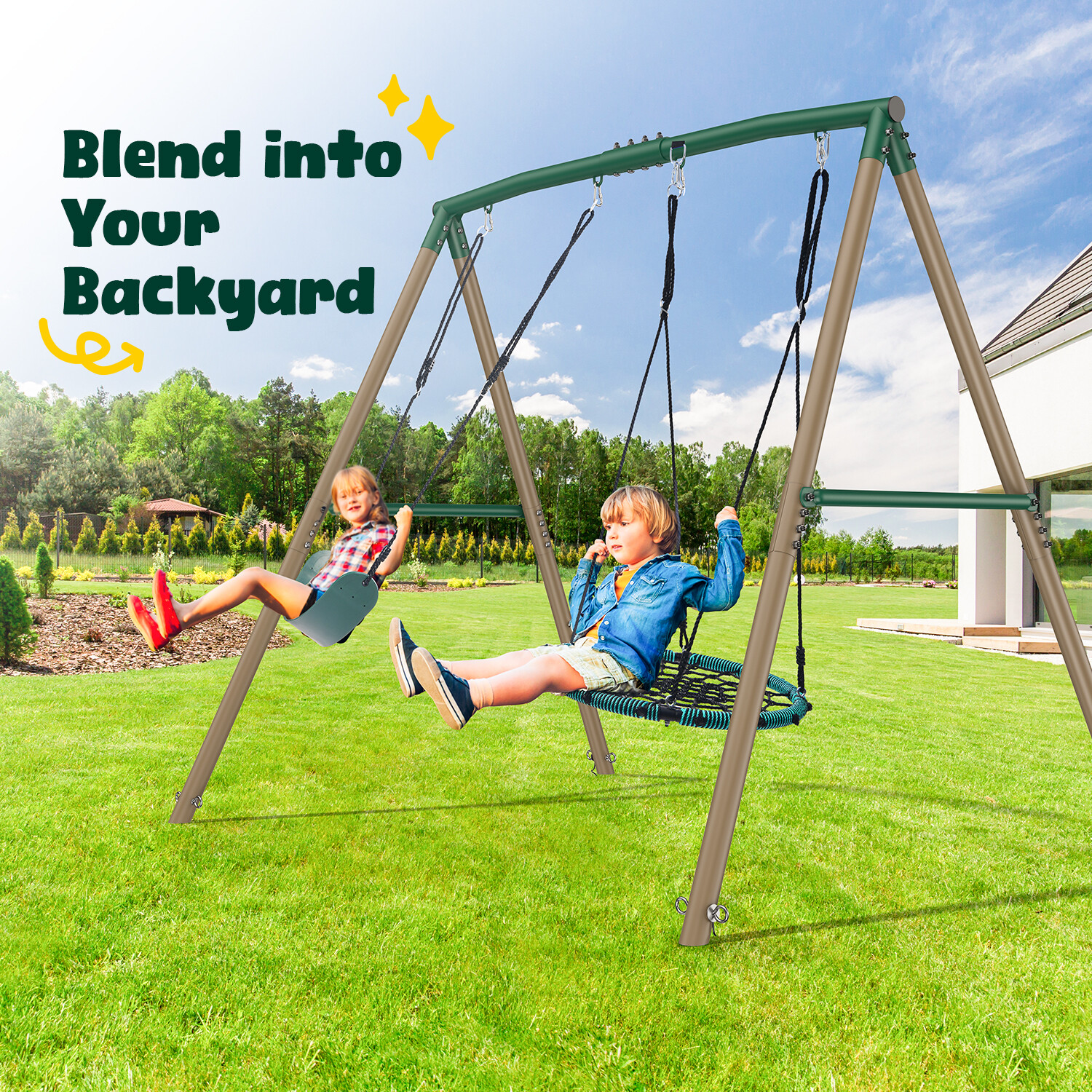 Hapfan 7.5ft Tall Swing Sets for Backyard 500lbs Heavy Duty Swing Set w/2 Swings
