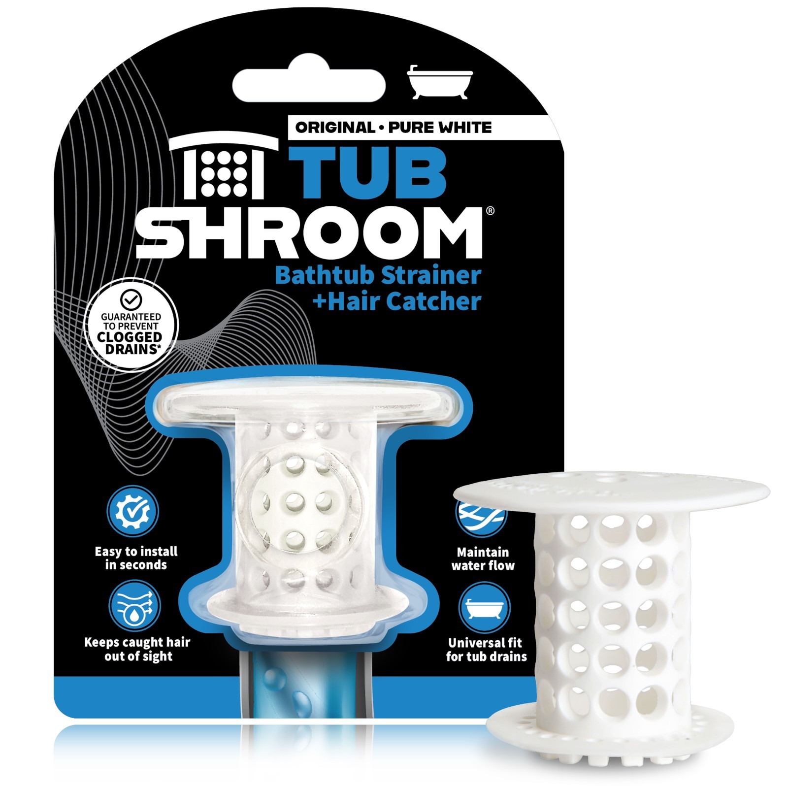 TubShroom® White Revolutionary Hair Catcher Drain Protector Snare, No More Clogs