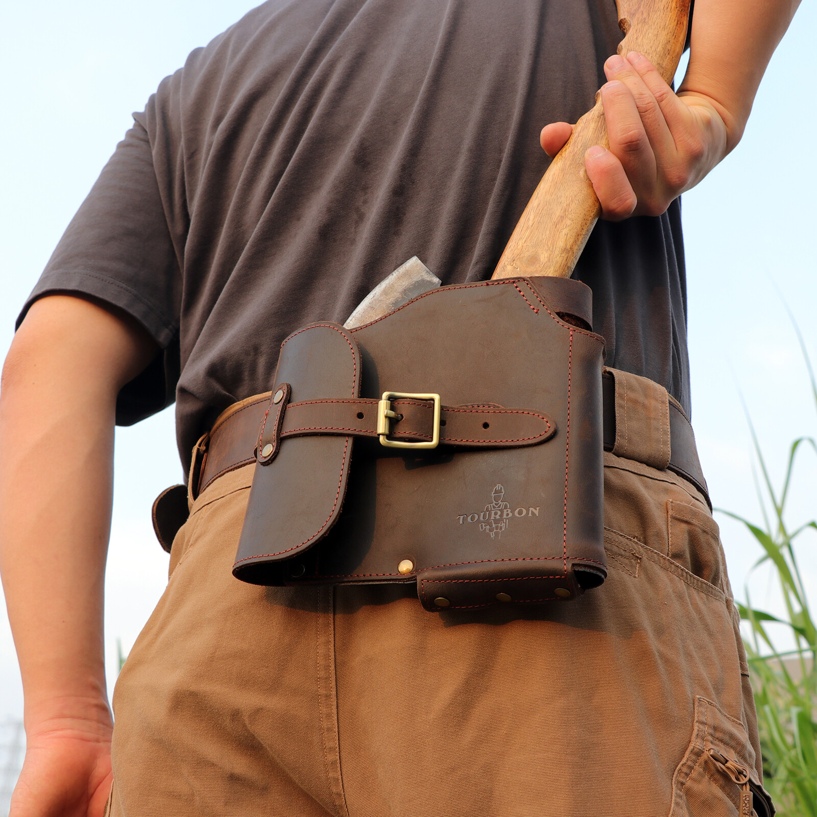 TOURBON Leather Heavy Duty Axe Belt Pouch Loggers Felling Hatchet Head Cover