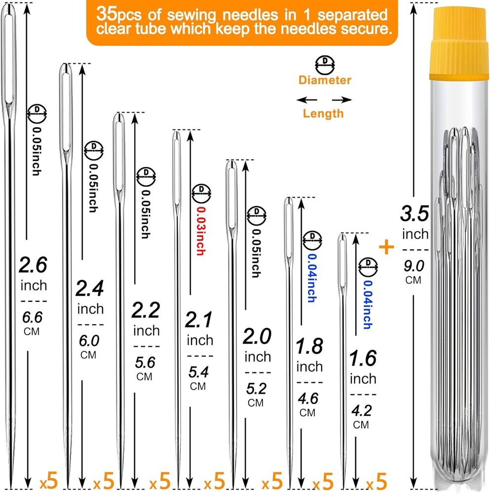 Large Eye Sewing Needles with Threaders, Assorted Sizes, 35pcs