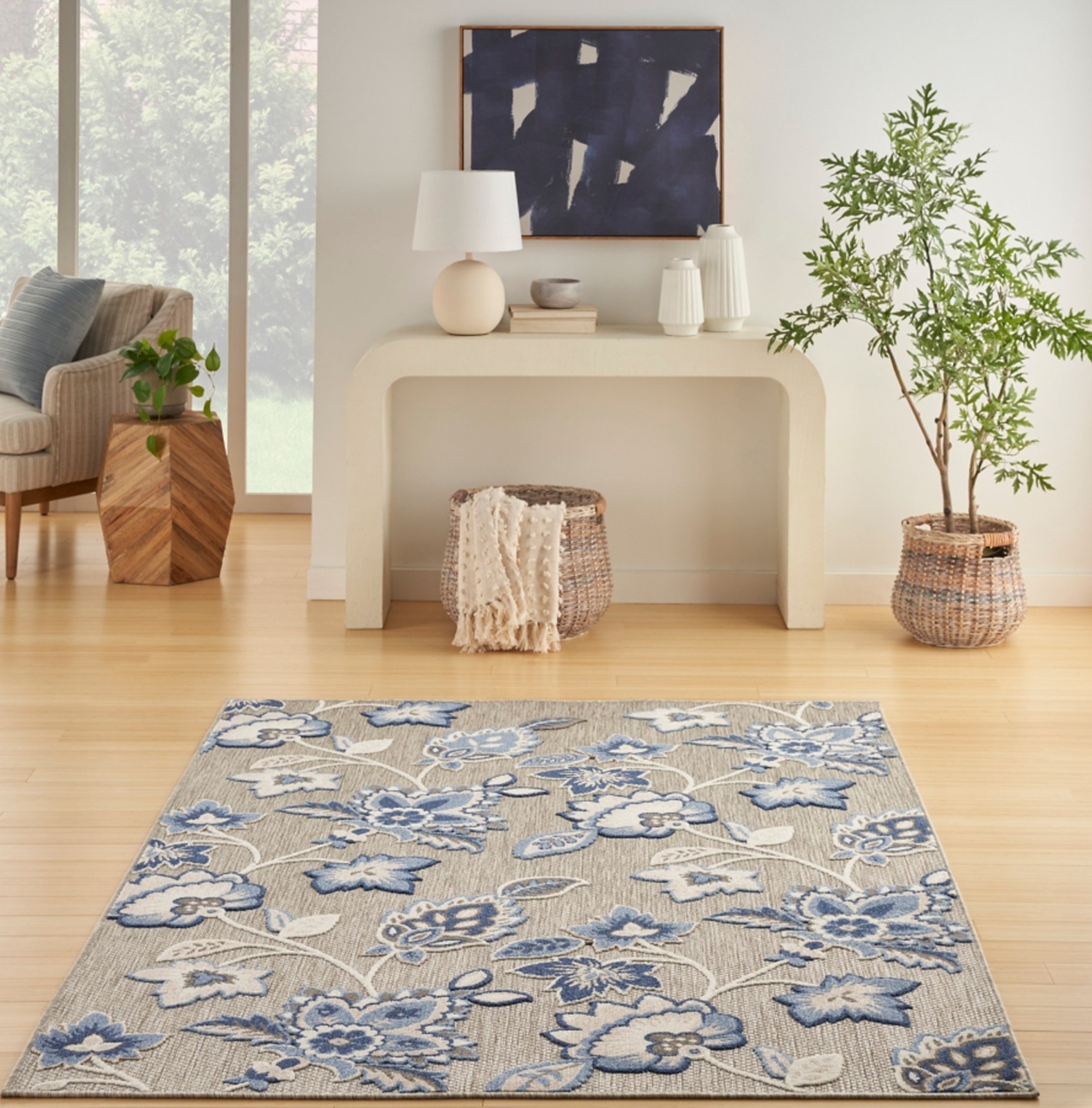 Nourison Home Splash Floral Indoor Outdoor Area Rug 5'x8' Blue Gray Deck