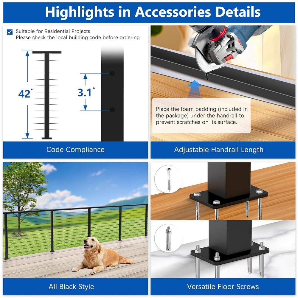 42" Deck Cable Railing System Kit with Adjustable Handrail & Stainless Steel Pos