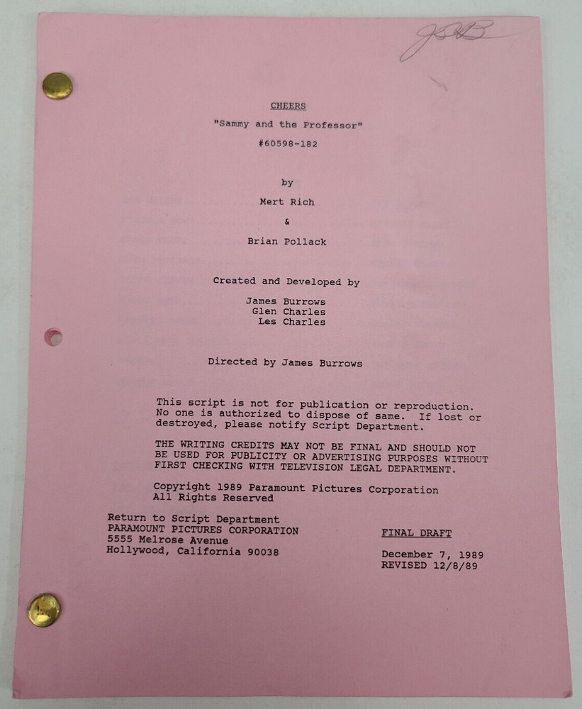CHEERS / Brian Pollack 1989 TV Script, Stack Pierce "Sammy and the Professor"