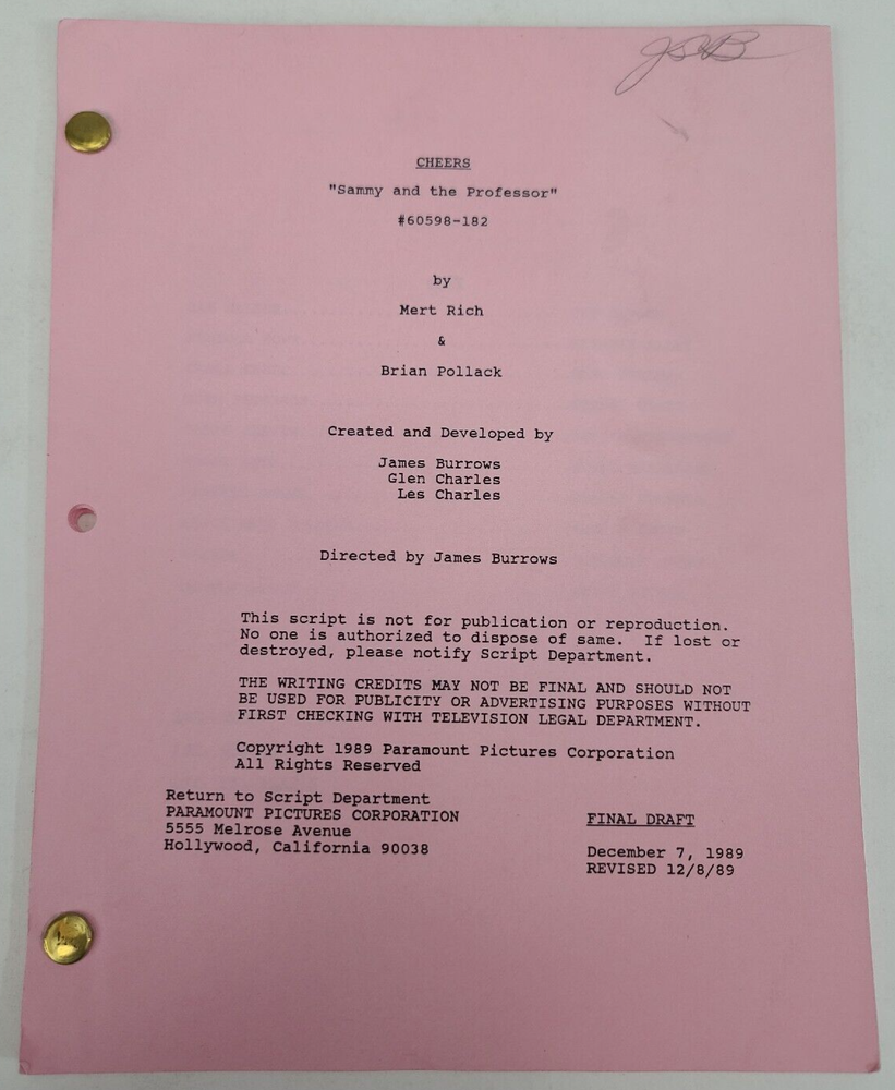 CHEERS / Brian Pollack 1989 TV Script, Stack Pierce "Sammy and the Professor"