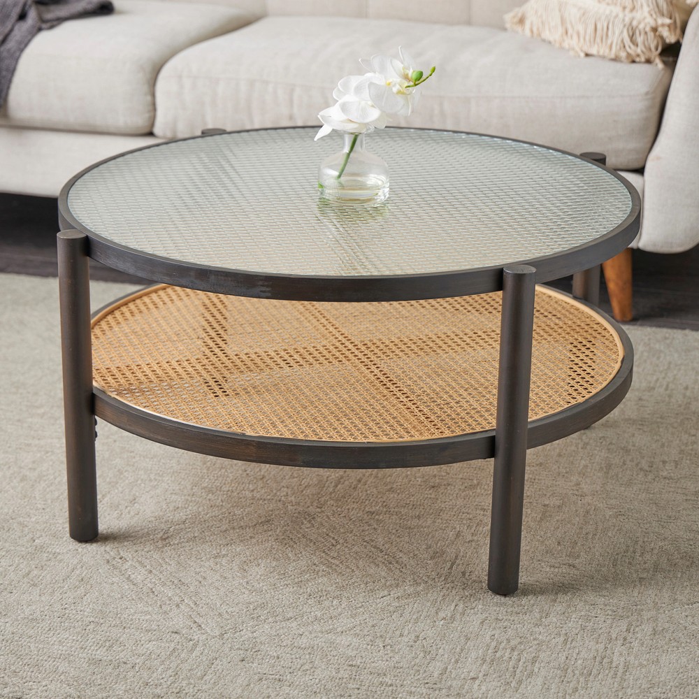 Brown Rattan Accent Table with Pressed Tempered Glass Top