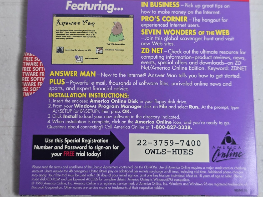 AOL America Online Version 2.5 Floppy Disk Internet PowerPac PC Computing Vtg