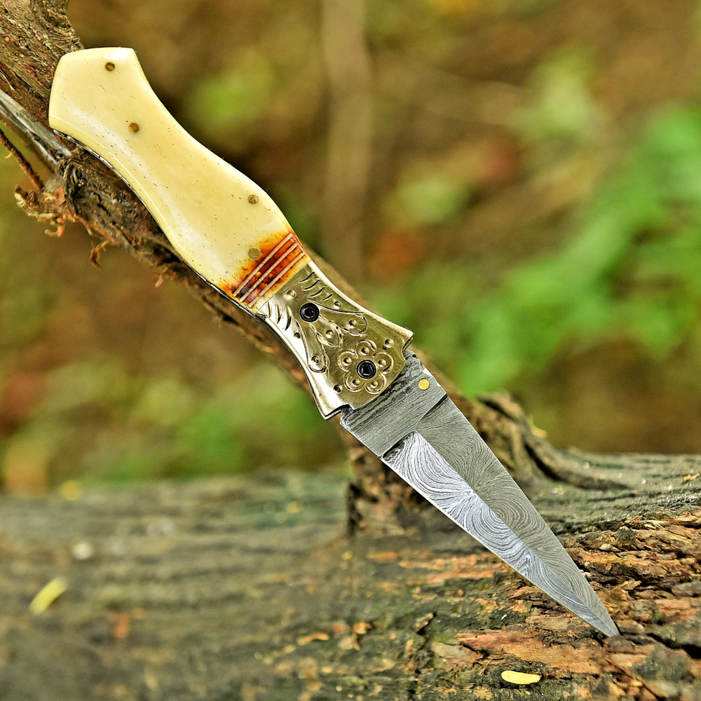 Damascus Folding Double edge Blade Pocket Knife - Dagger - Camel Bone Handle