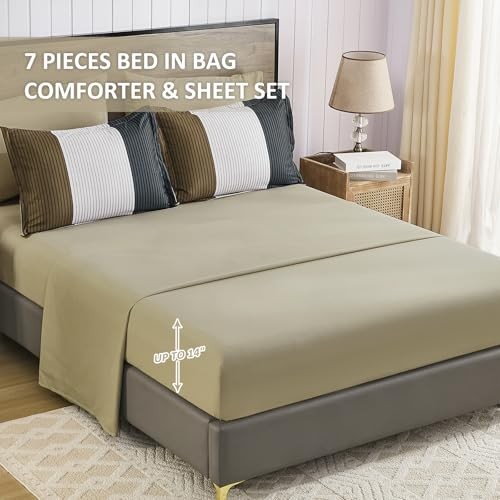 7 Pieces Striped Size Comforter Set, Soft Microfiber Down King Brown-beige