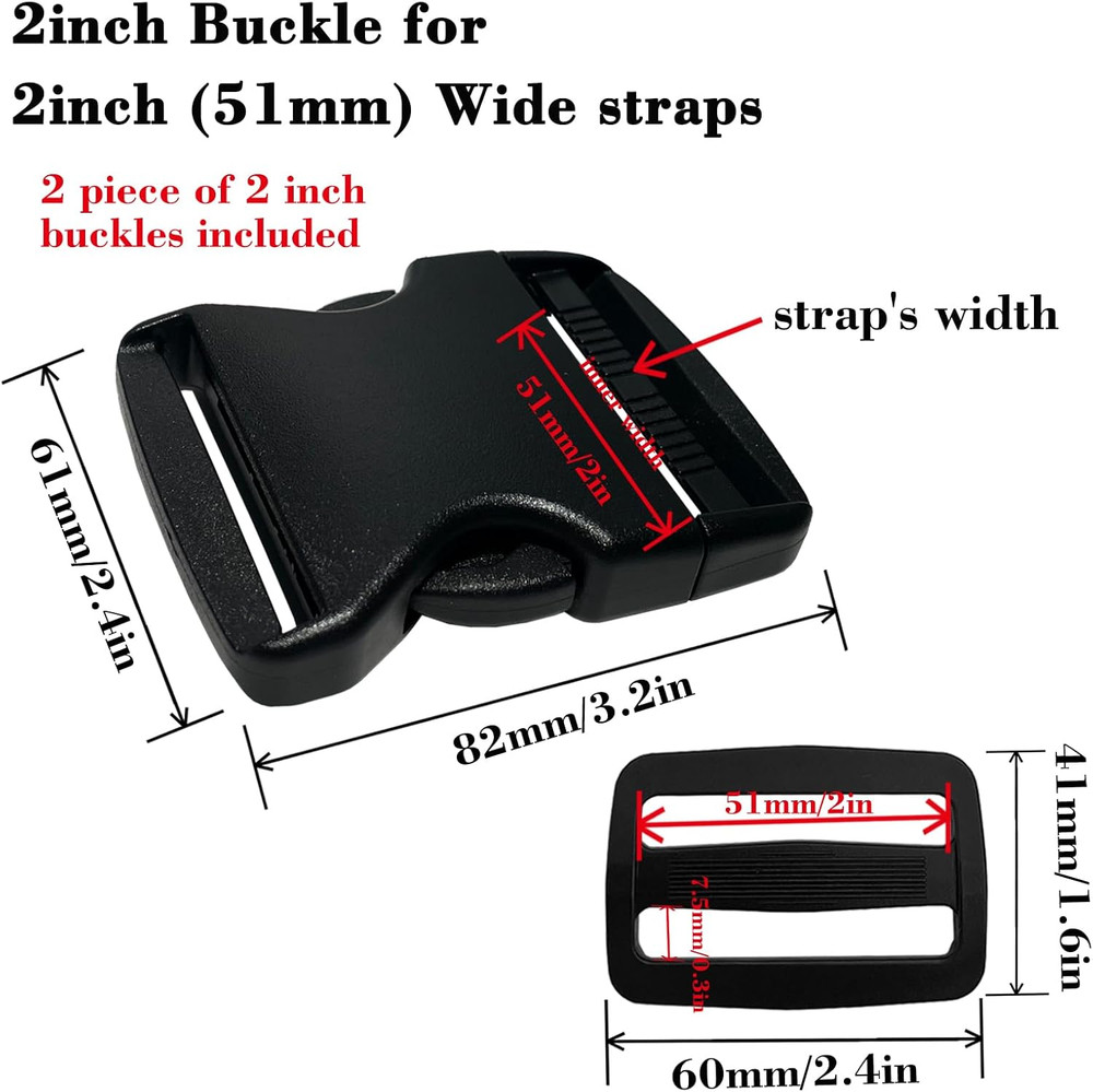 2" Buckles for Straps Quick Side Release Plastic Buckle Clip 2 Pcs + Tri-Glide S
