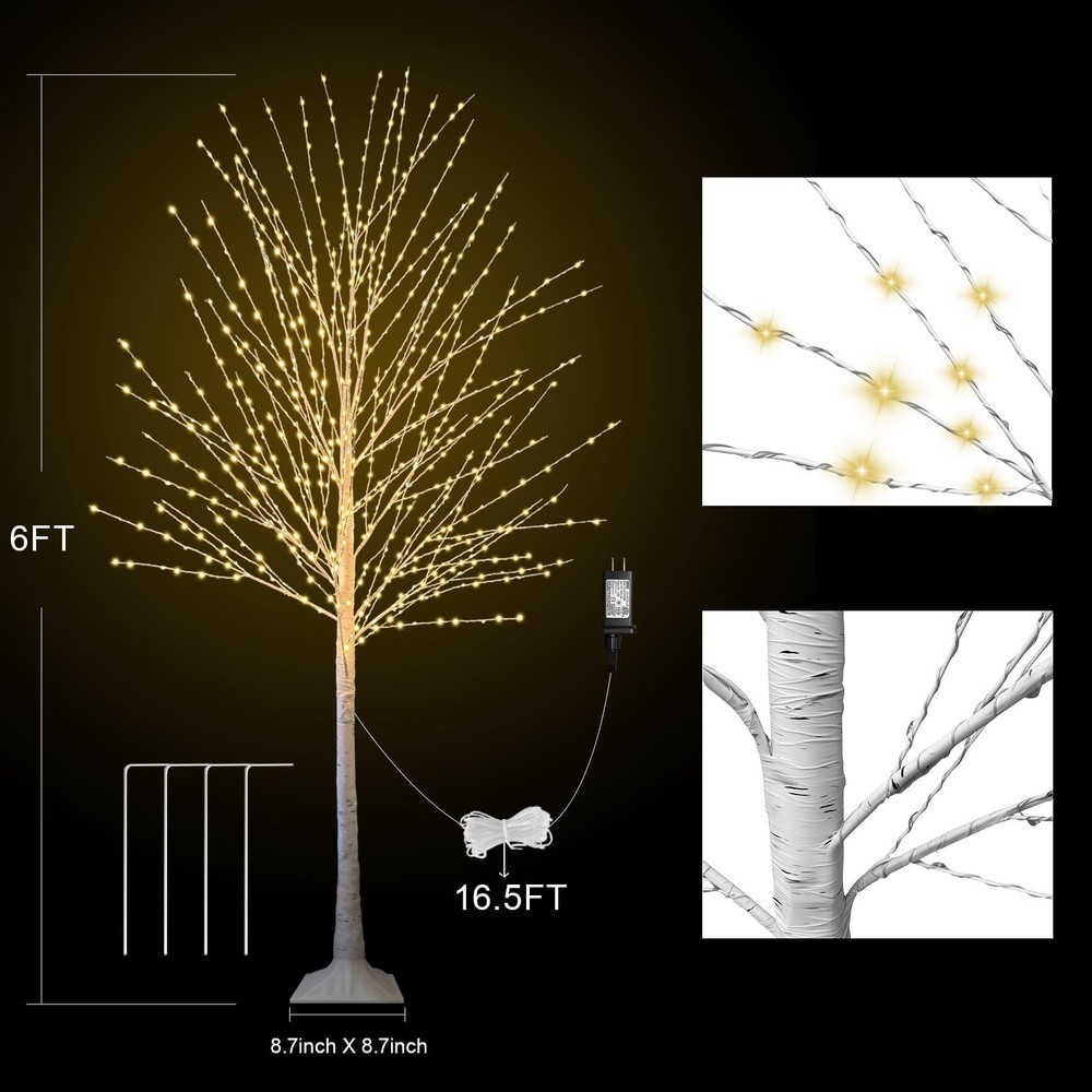 6FT Lighted Birch Tree with 880 LED Warm White Lights, 8 Modes, Timer Remote