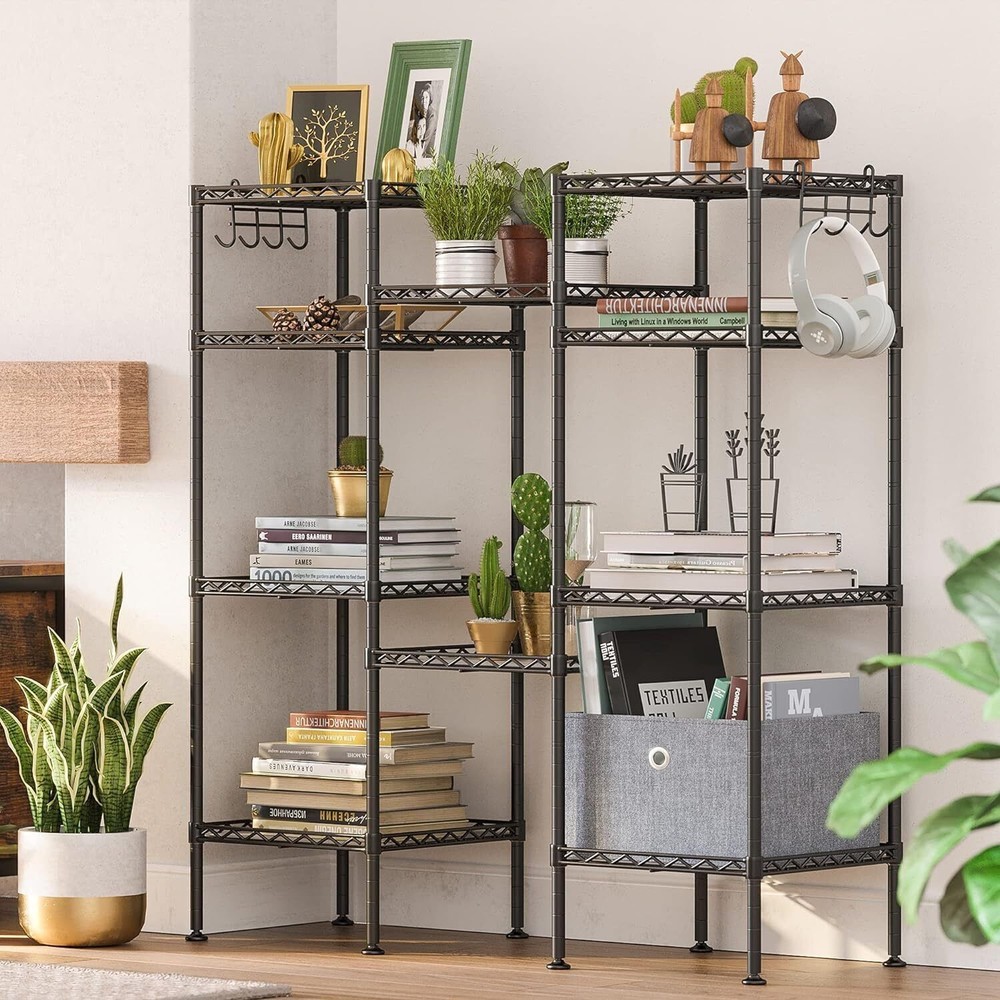 Bathroom Shelf Storage Rack W/ 5 PP Sheets Removable Hooks Extendable Black New