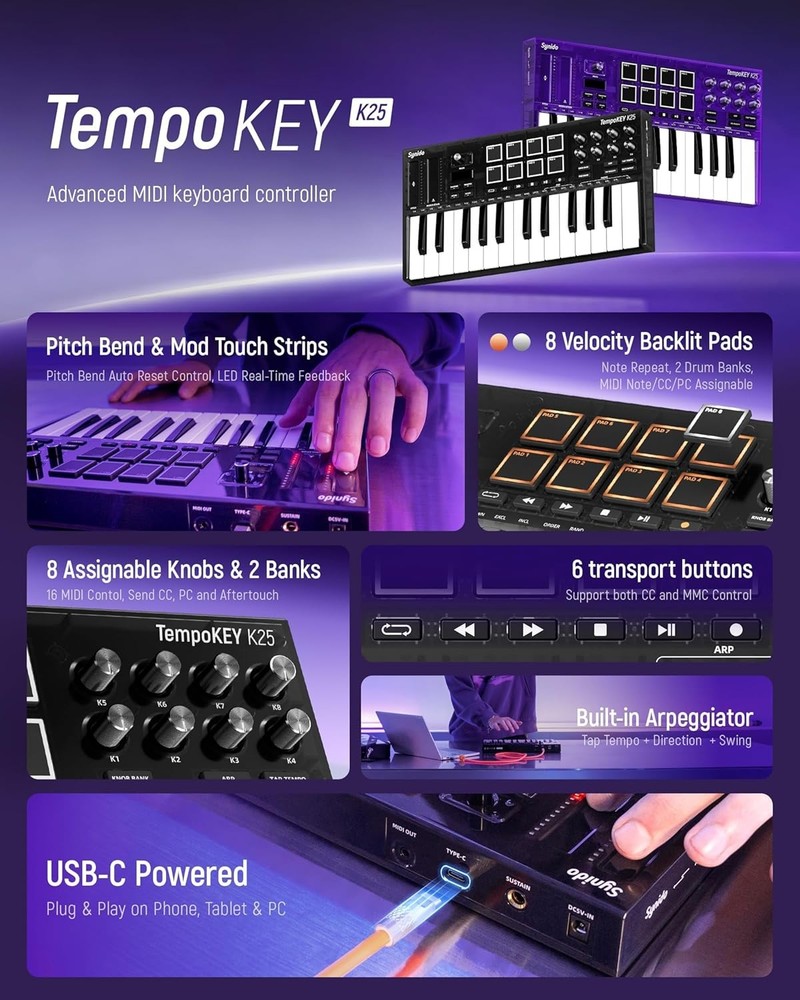 Synido 25 Key USB MIDI Keyboard Controller with 8 Drum Pads, Beat Maker Machine