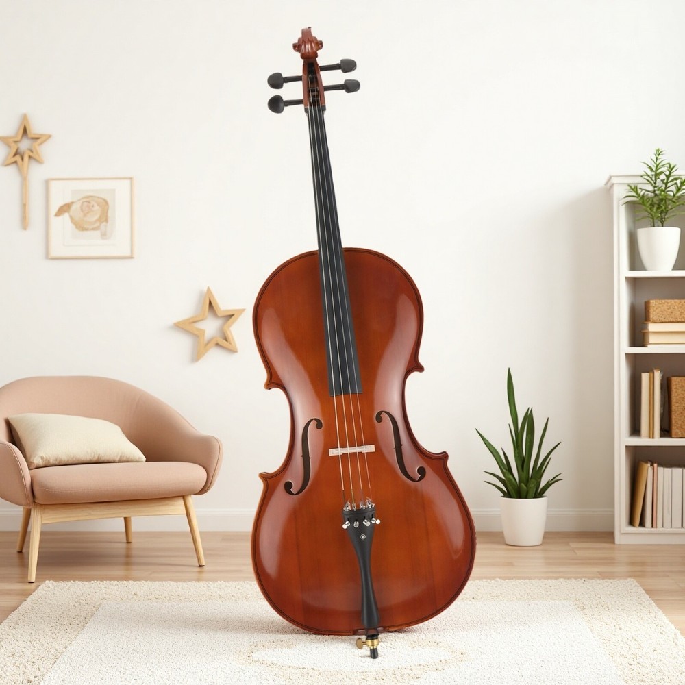 4/4 Full Size Solid Spruce Top Beginner Acoustic Cello Set - Bag Bow Natural