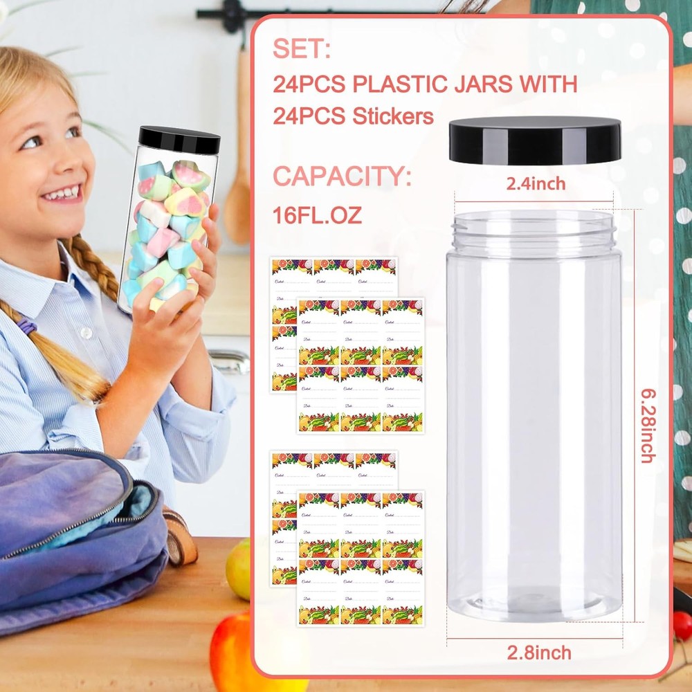Plastic Jars with Lids 16 oz 24Pack Empty Clear for Storage Round Leakproof