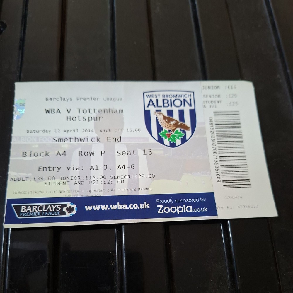 12/4/2014 West brom v Tottenham Ticket