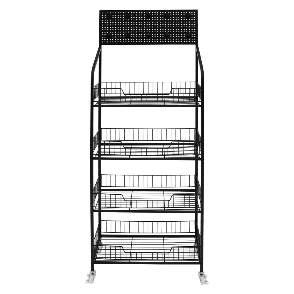 Rolling Retail Display Rack 4 Tier Black Store Merchandise Shelf Unit