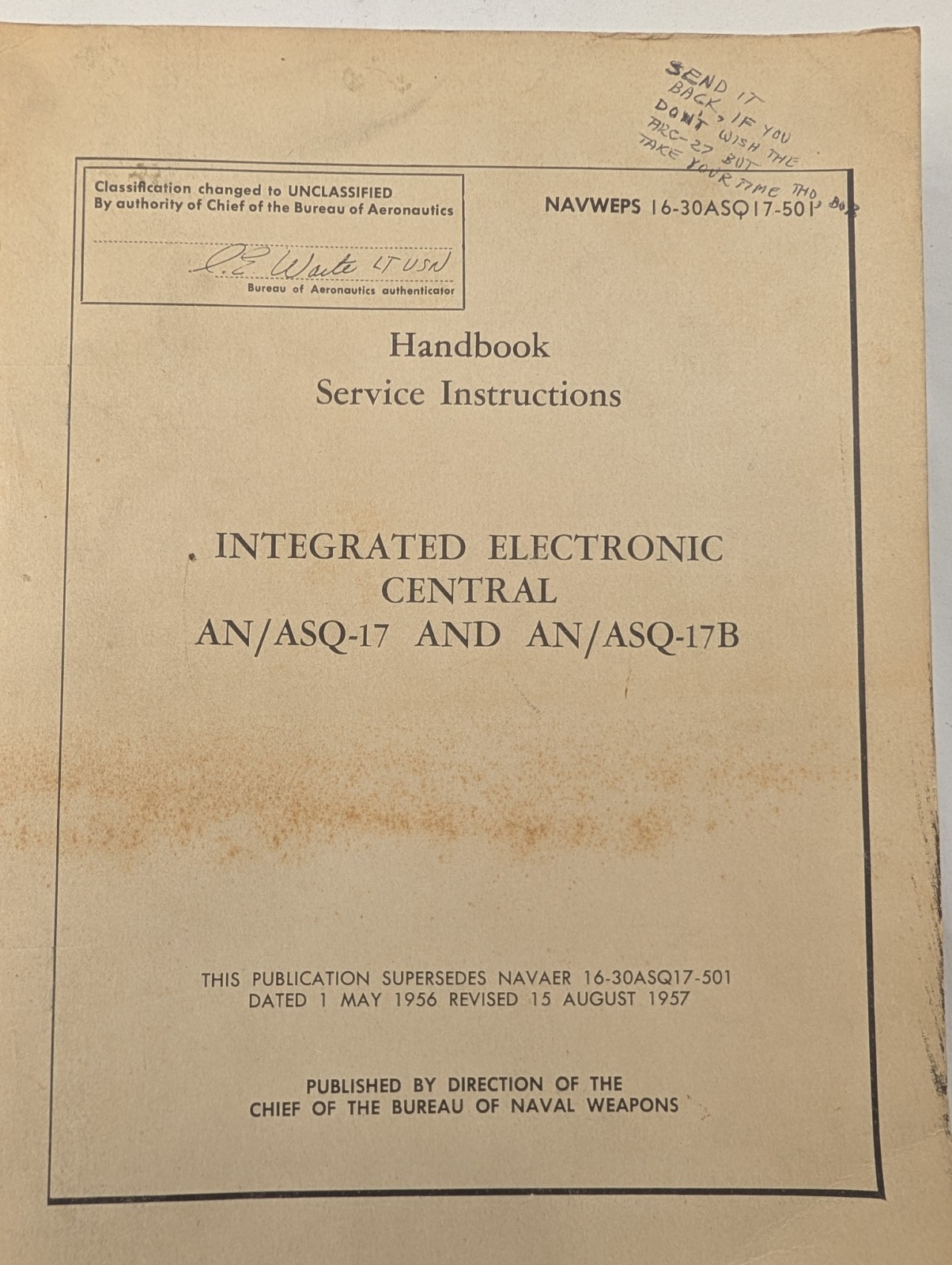 Handbook Service Instructions" for the Integrated Electronic Central AN/ASQ-17
