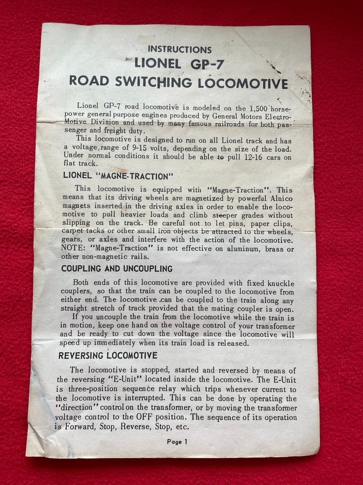 C7 LIONEL POSTWAR 2365 GP7 C&O OPERATING INSTRUCTIONS 1962