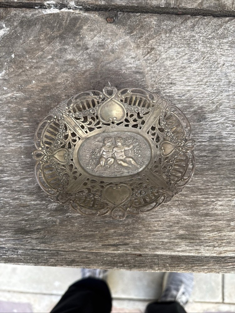 SMALL SILVER CHASED DISH w/ CHERUBS