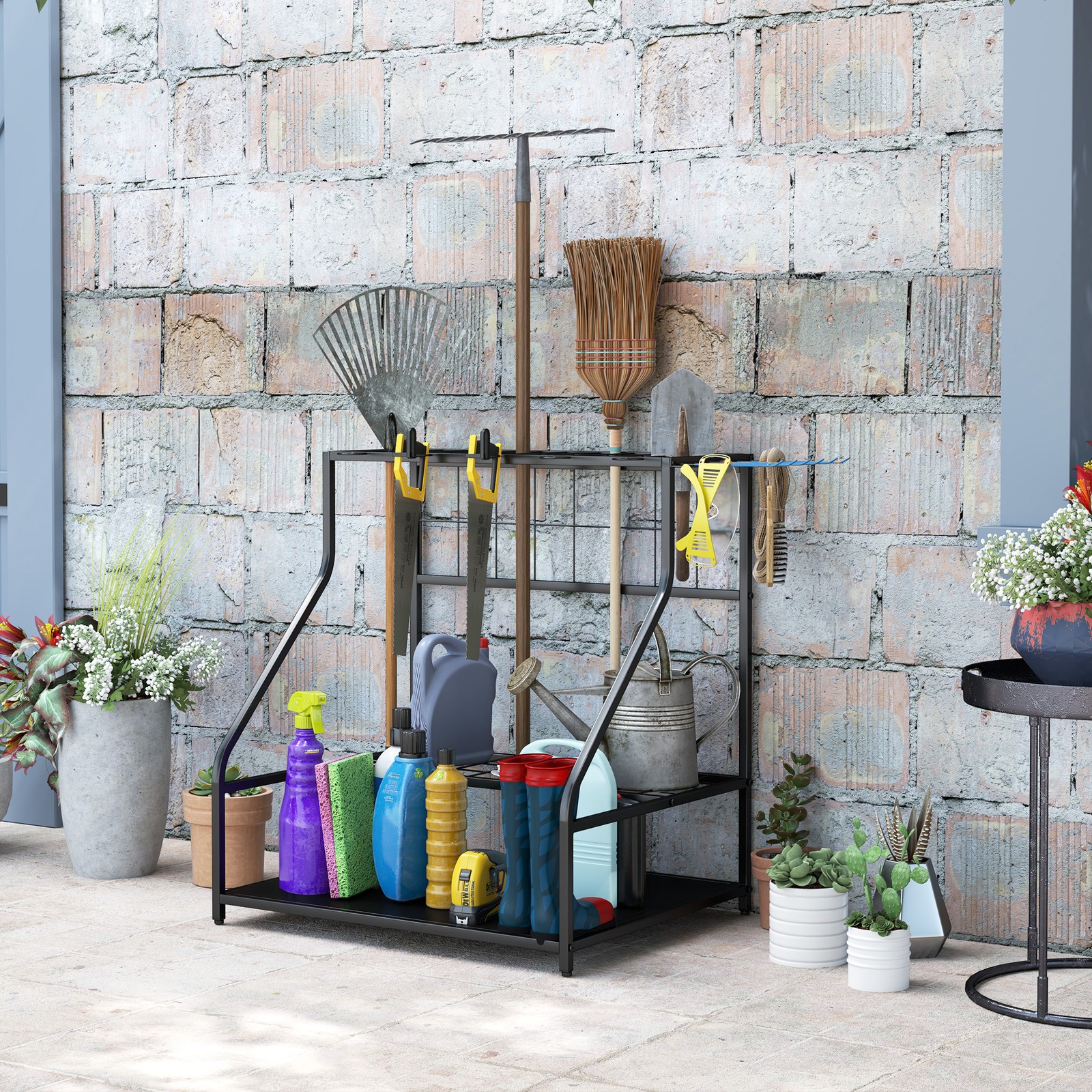 Outsunny Garden Tool Organizer for Garage, 3 Tier Yard Tool Holder, Blue