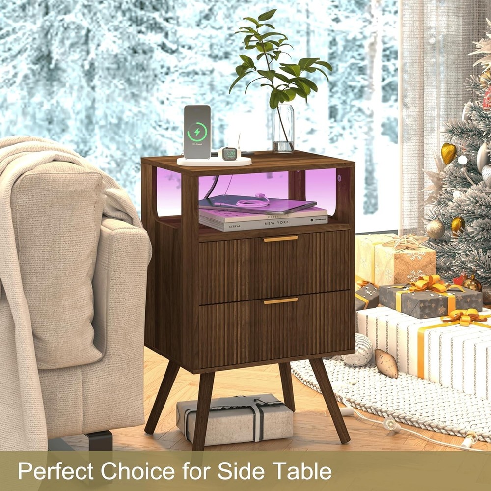 Nightstand with Charging Station and LED Lights Bedside Table 2 Storage Drawer