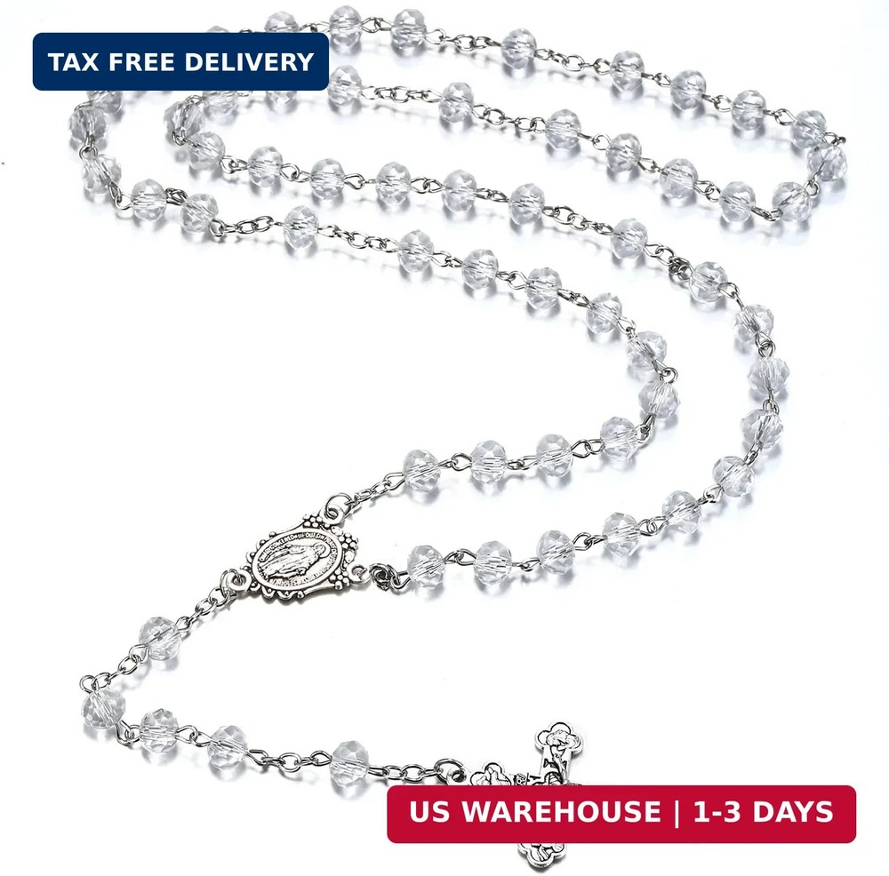 Rnivida Catholic Crystal Beads Rosary with Miraculous Medal, Cross Crucifix Rosa