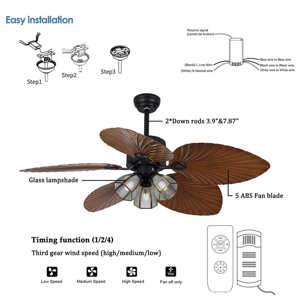 Classic 52" Tropical Ceiling Fan Light Indoor Reversible+ Remote Control 110V