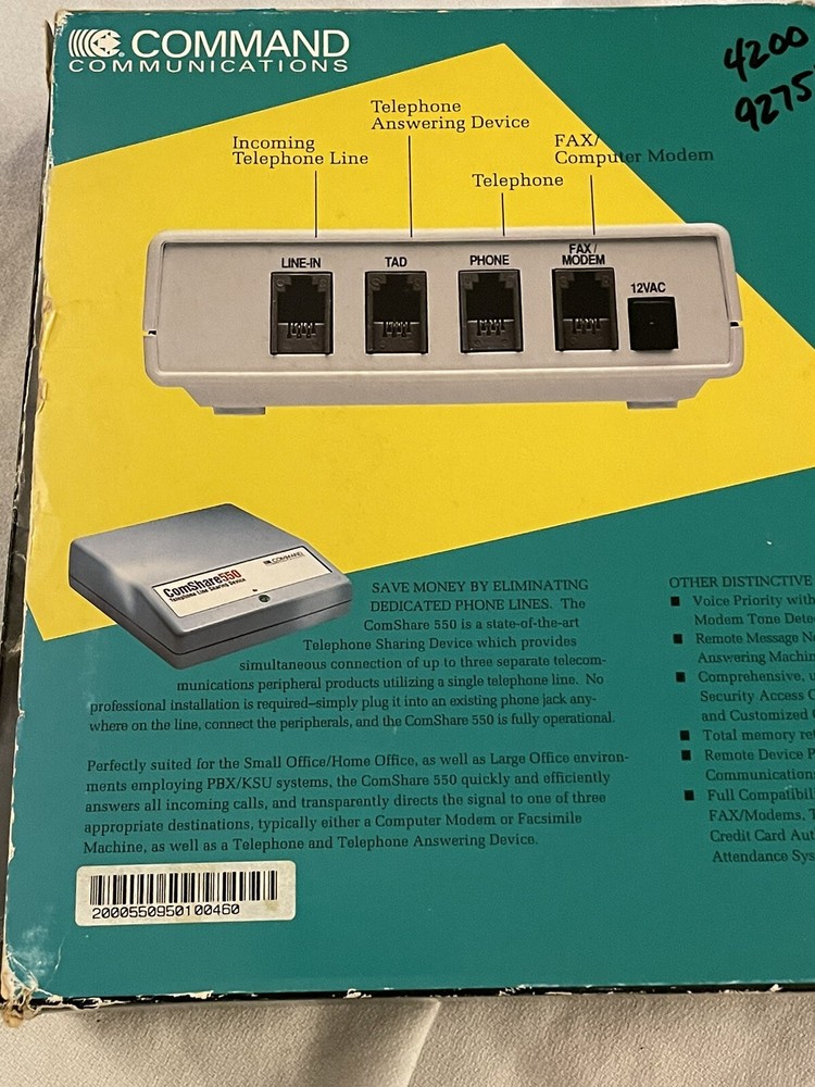 Command Communications Comshare 550 Telephone Line Sharing Device 1993 Vintage