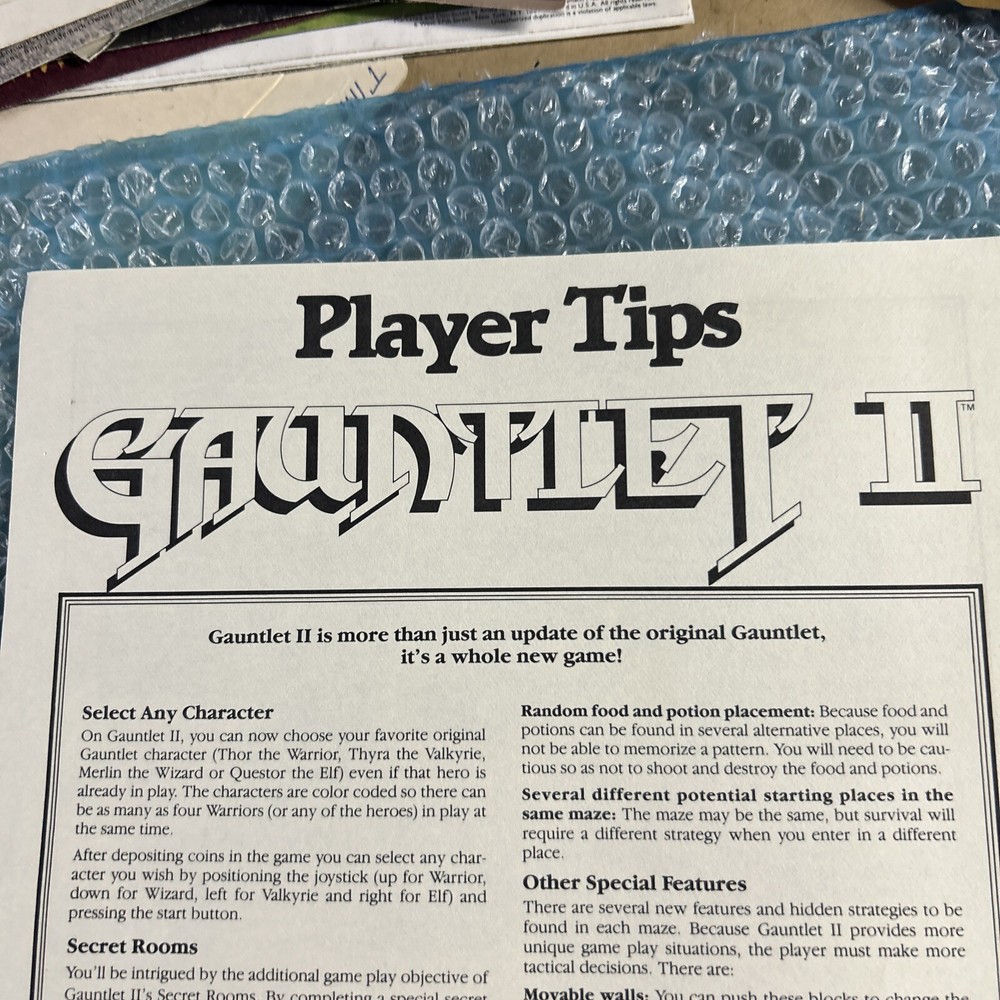 original Gauntlet 2 Player Tips Sheet Atari Vintage Arcade Video game manual