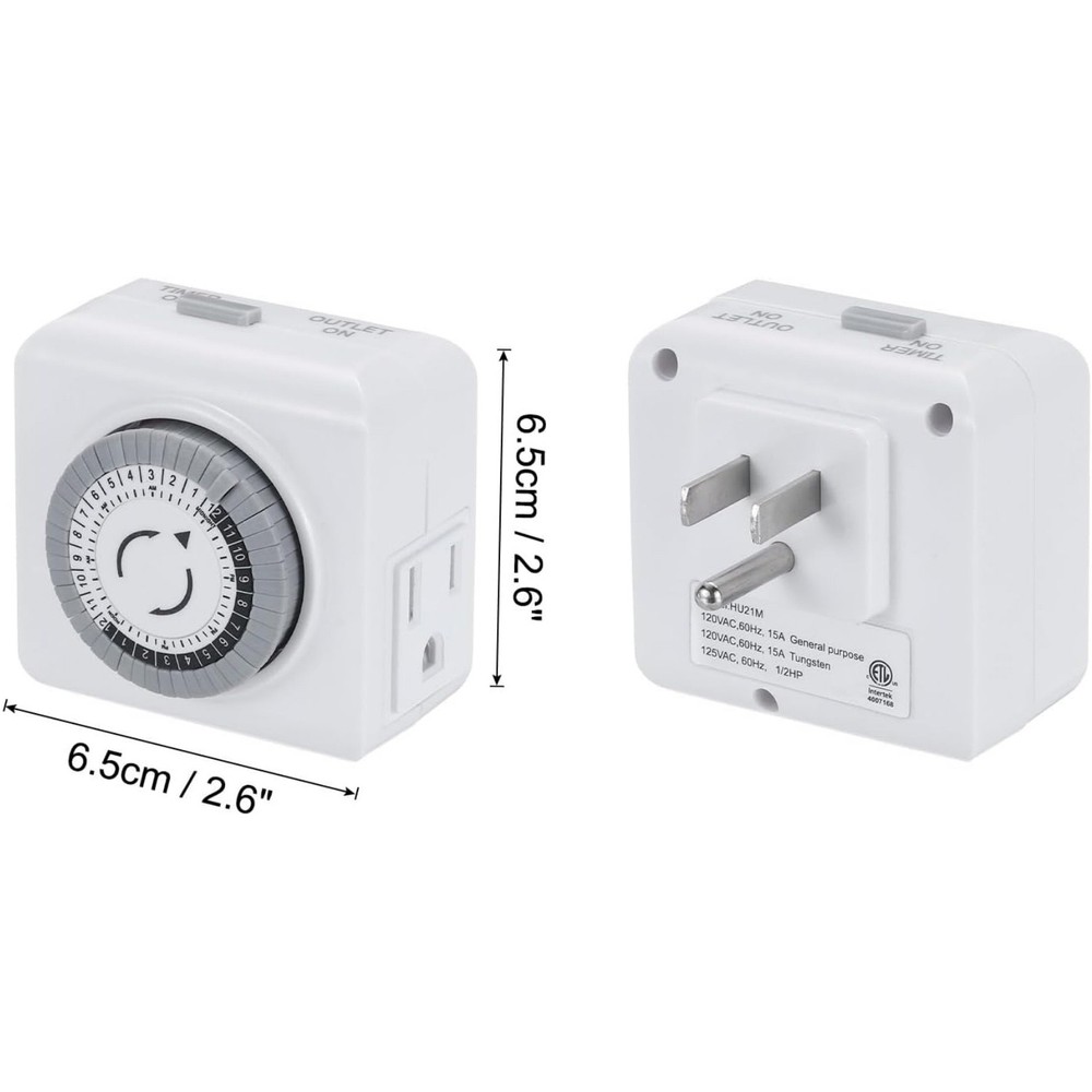 2 Pack 110-125V 3-Pin Timer Switch For Home Lighting 24-Hour Programmable Plug