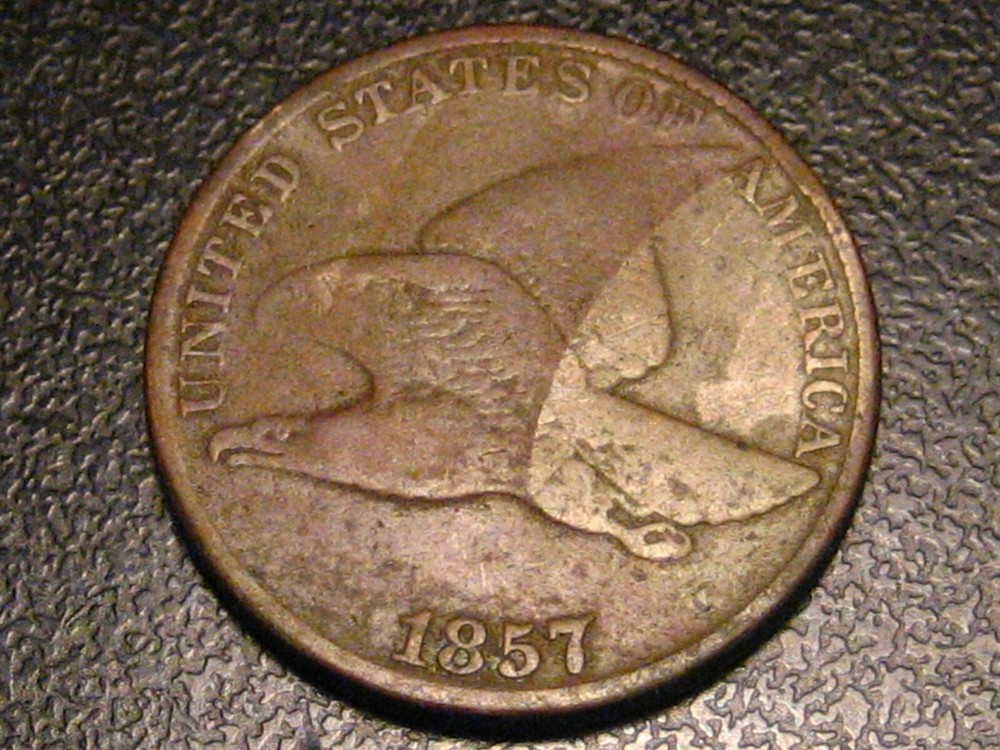 1857 Flying Eagle Cent VG Partially Discolored