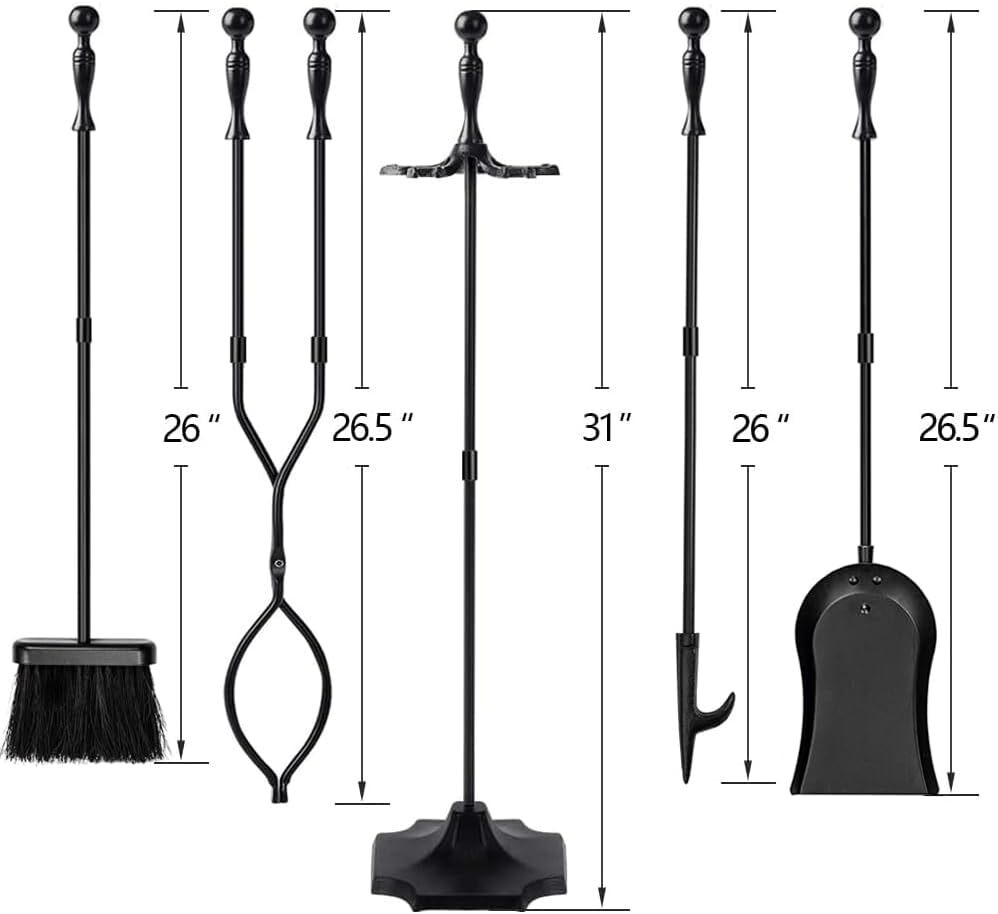 5 Pcs Fireplace Tools Sets Black Handle Wrought Iron Large Fire Tool Set