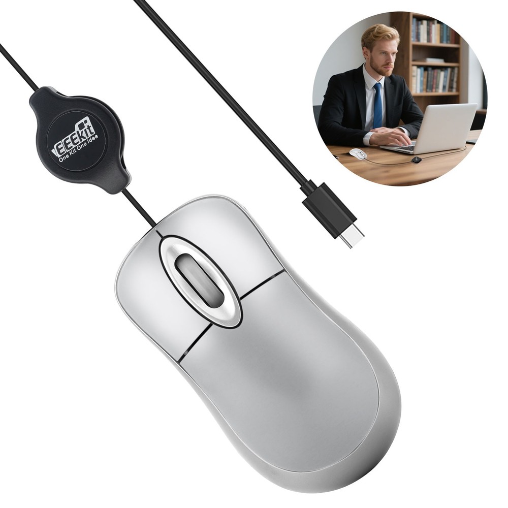Compact USB C Wired Optical Mouse w/ Retractable Cable for Windows/Mac Laptop PC