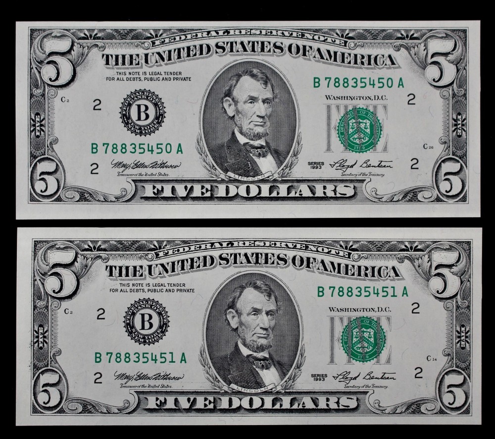 Four consecutive INKING ERRORS $5 1993 Gem CU B78835448-51A five dollar, NY B2