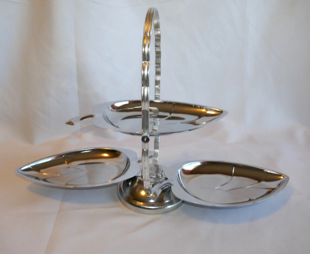 MCM Collapsible Silver Tone 3 Tier Leaf Serveware Snacks TrinketsJewelry Vintage