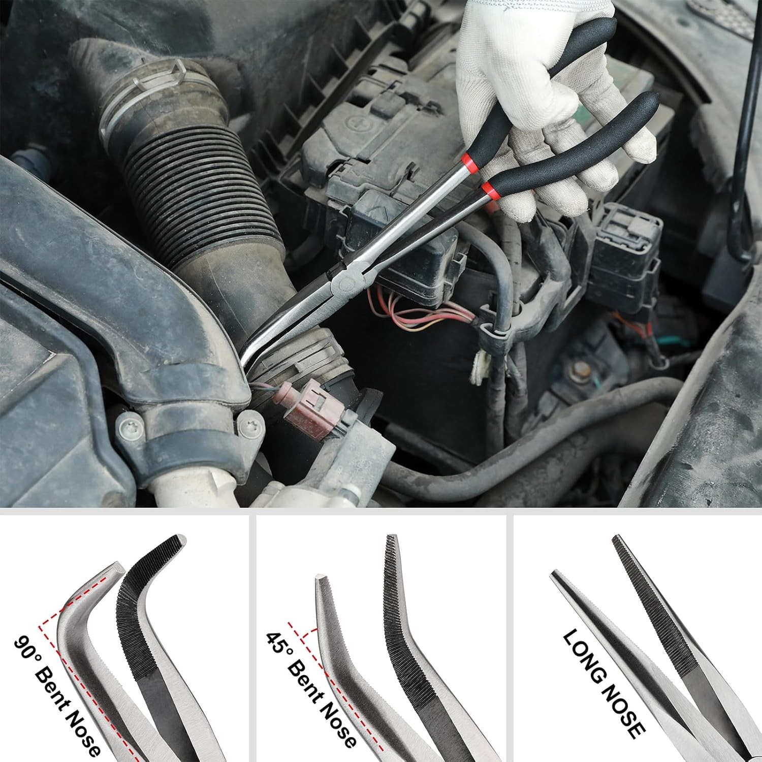 6PCS Extra Long Reach Pliers Set, 11" Straight, 45 and 90 Bent Nose, 5/16", 1/2"