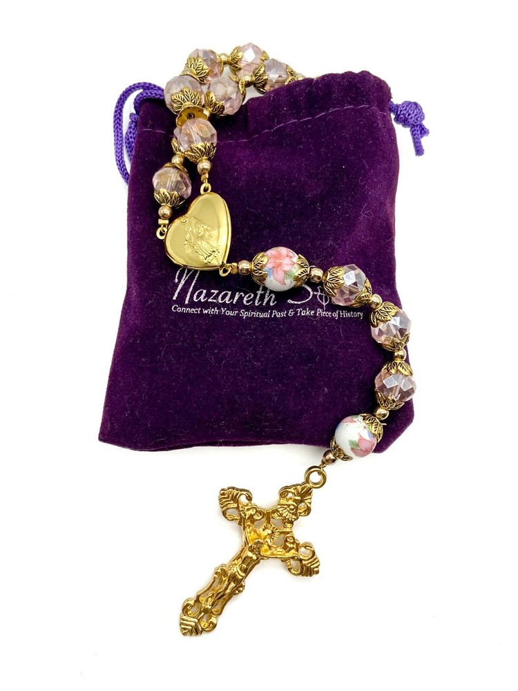 Pink Crystallized Beads Gold Rosary Catholic Holy Mary Locket Medal & Crucifix