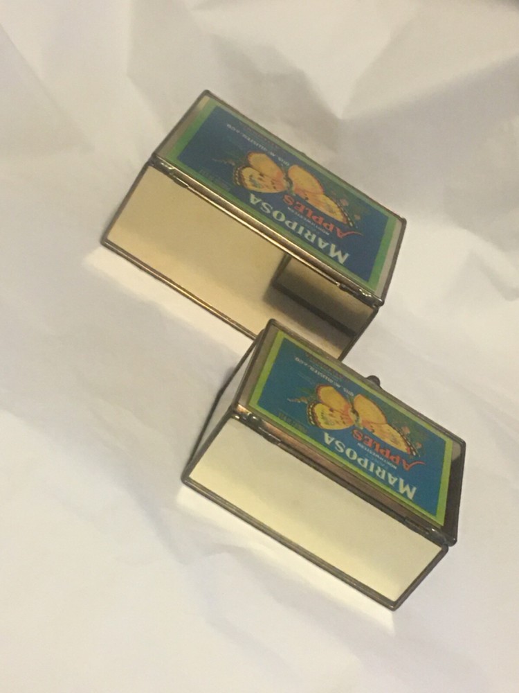 Two Decorative Mirror Metal Boxes Butterfly Apple Label