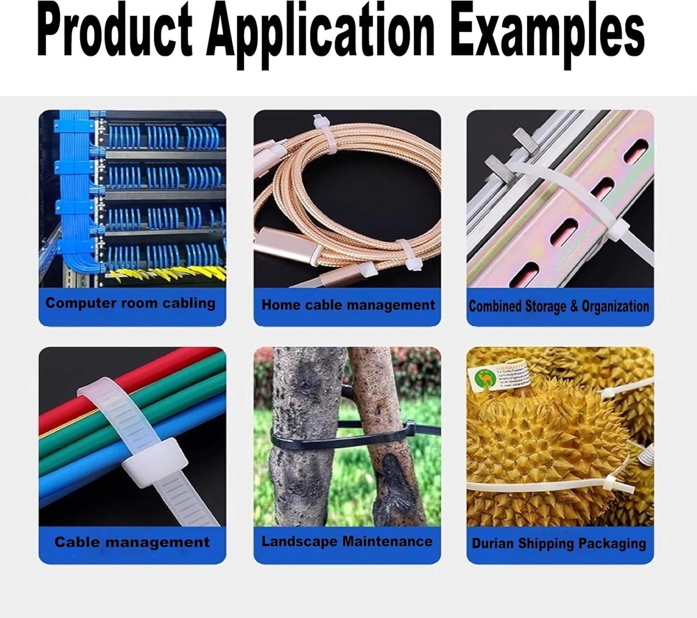 Cable Ties Assorted 300PK, LANGTSA Nylon White