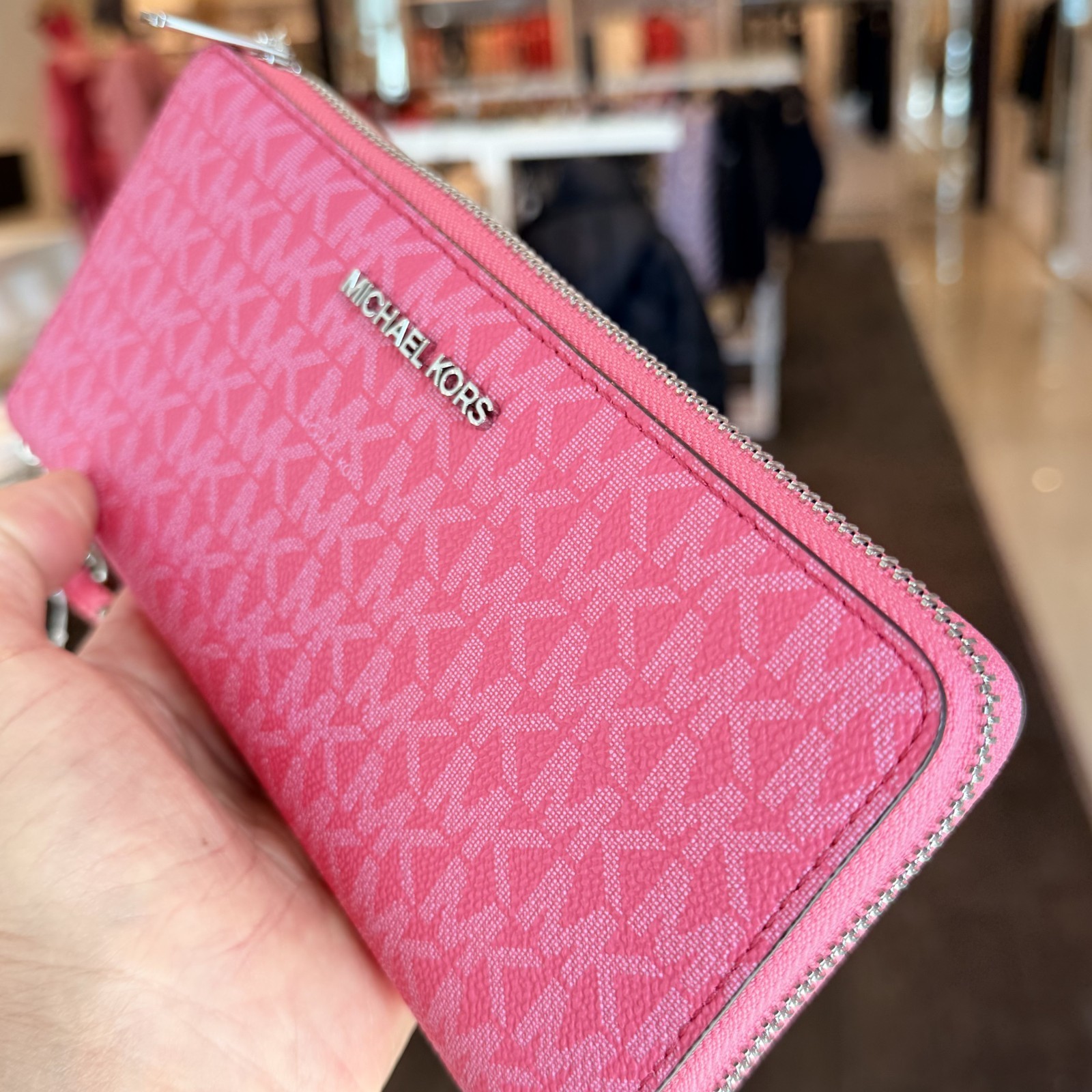 MICHAEL KORS JET SET TRAVEL LG CONTINENTAL WALLET WRISTLET MK LOGO Pink Hibiscus