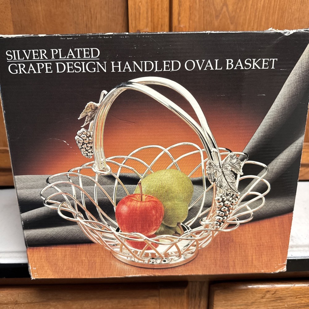 Godinger Silver Art Co. Silverplate Grape Design Handled Oval Fruit Basket & Box