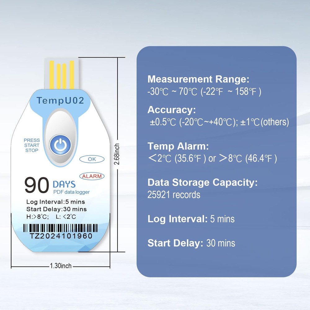 Tzone Disposable Temperature Data Logger USB Temp Recorder with PDF Report 10...