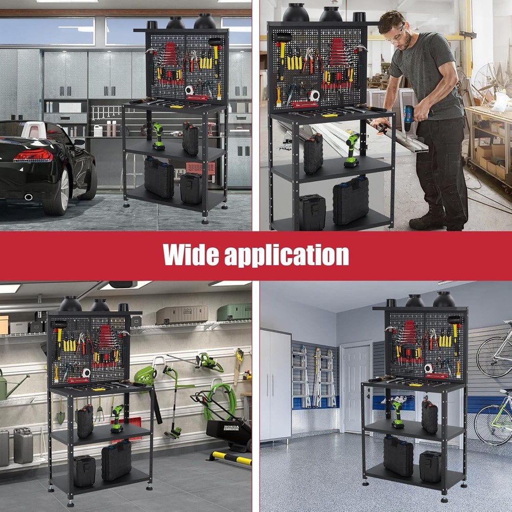 Multi-use Workbench w/ 2 Shelves Heavy-Duty Work Table Tool Storage Bench Black