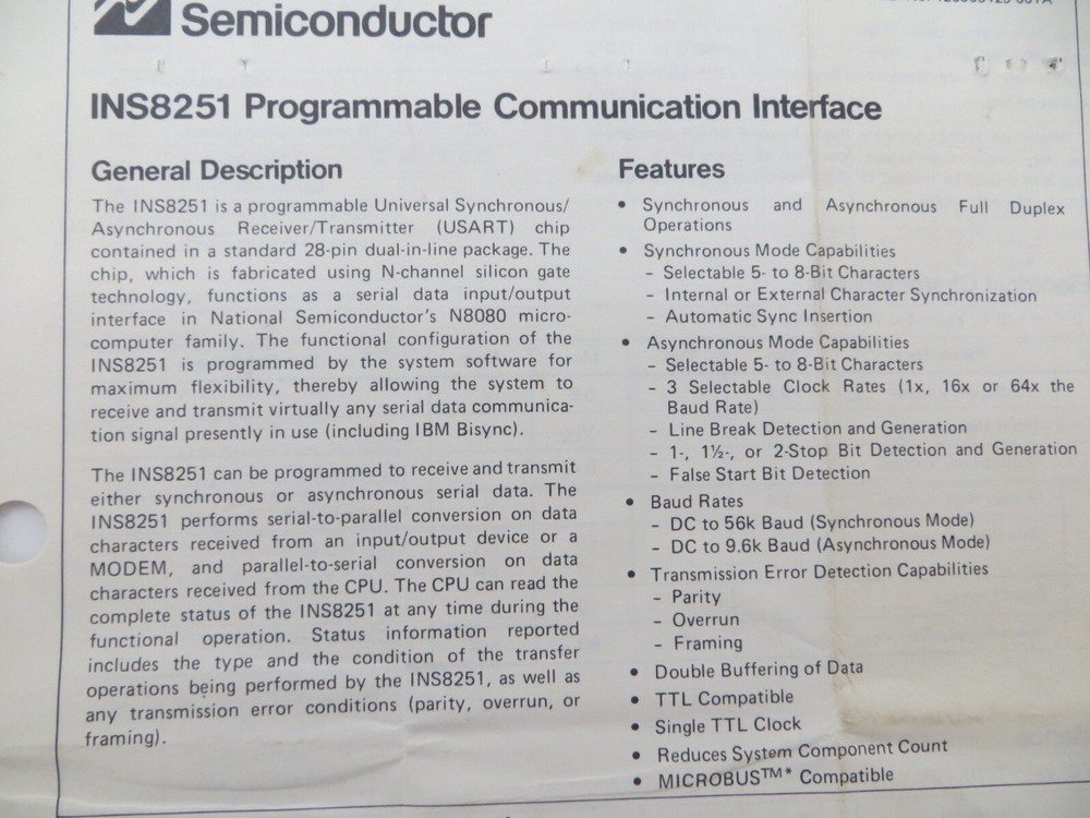 1978 National Semiconductor INS8251 Programmable Communication Interface paper *