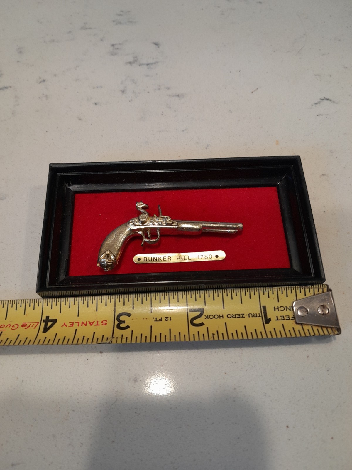 Vintage 1970s Miniature Brass Pistol Model Bunker Hill 1780 Framed 4"
