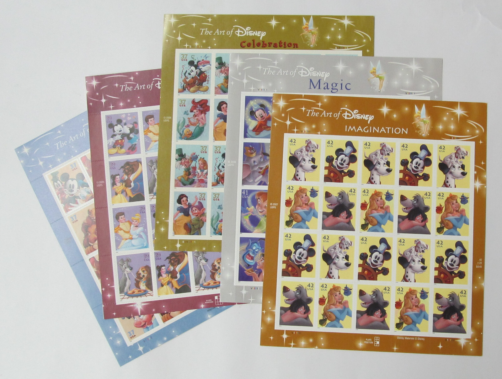 THE ART OF DISNEY Complete Set of 5 Differnt Full Sheets of 20 US Stamps 2004-08