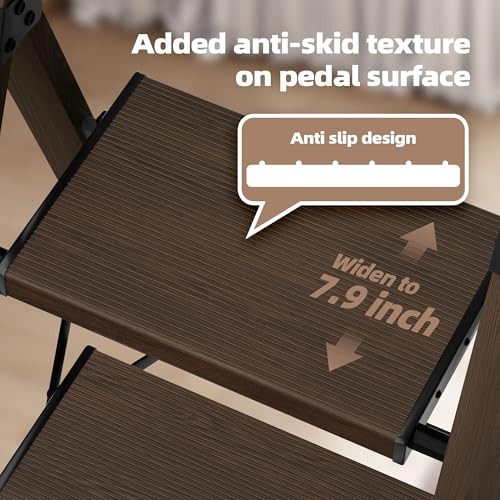 3 Step Foldable Aluminum Step Ladder with 3 Step With Handrail Walnut
