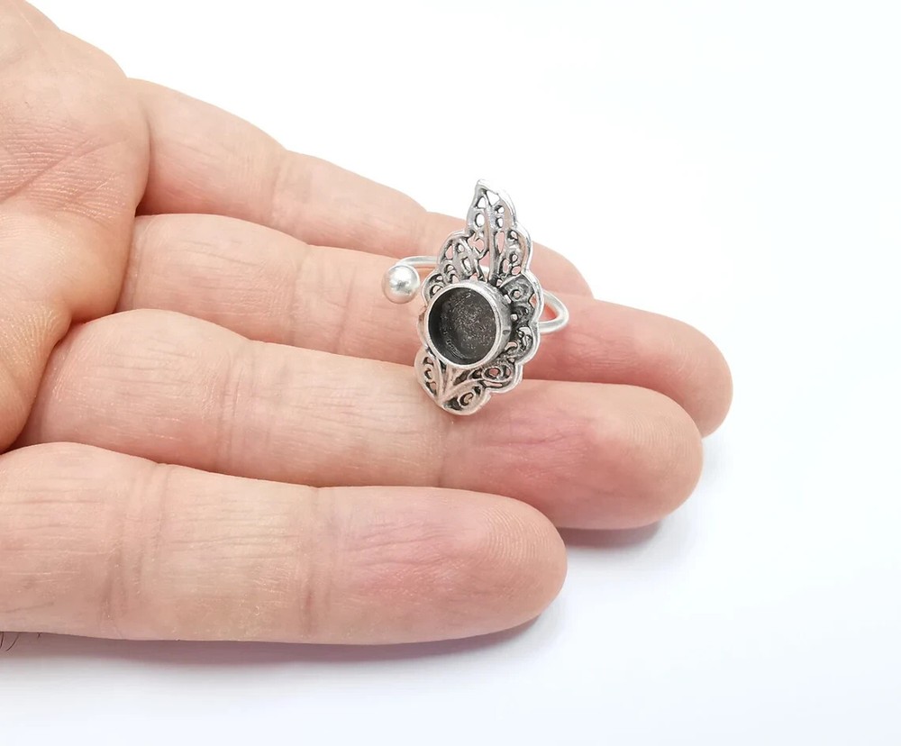 Leaf Leaves Silver Ring Setting Blank Cabochon Mounting Adjustable Ring Base